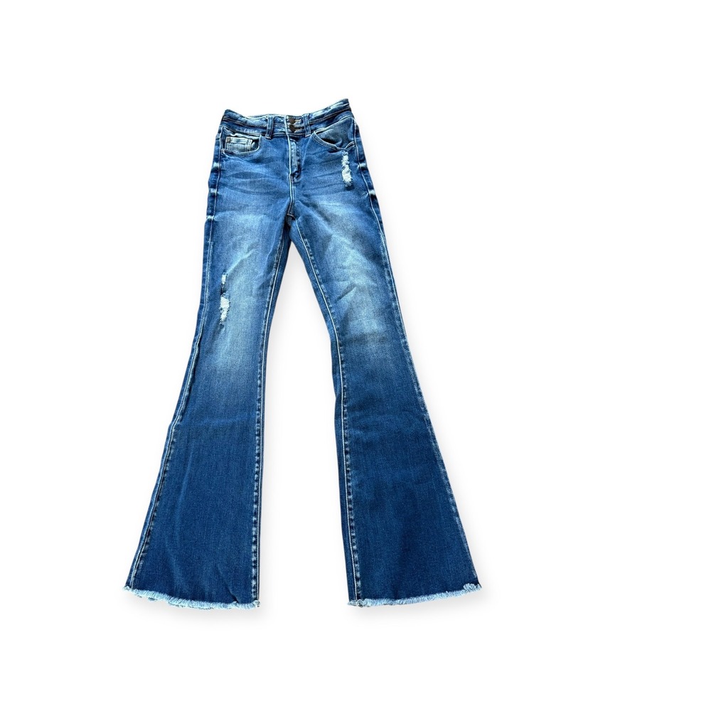Nature‎ Denim by Kancan Flared High Rise Jeans Distressed Frayed Hem Blue Size 1